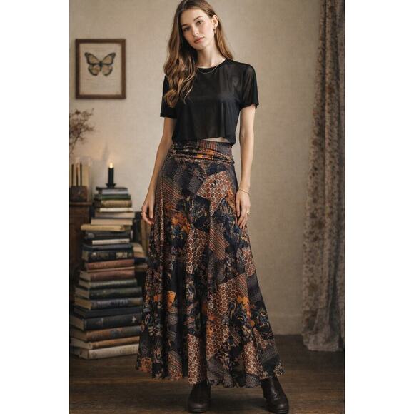 Mely Dresses & Skirts - Vintage Patchwork Print Maxi Skirt – High Waist Boho Art Nouveau Size Small